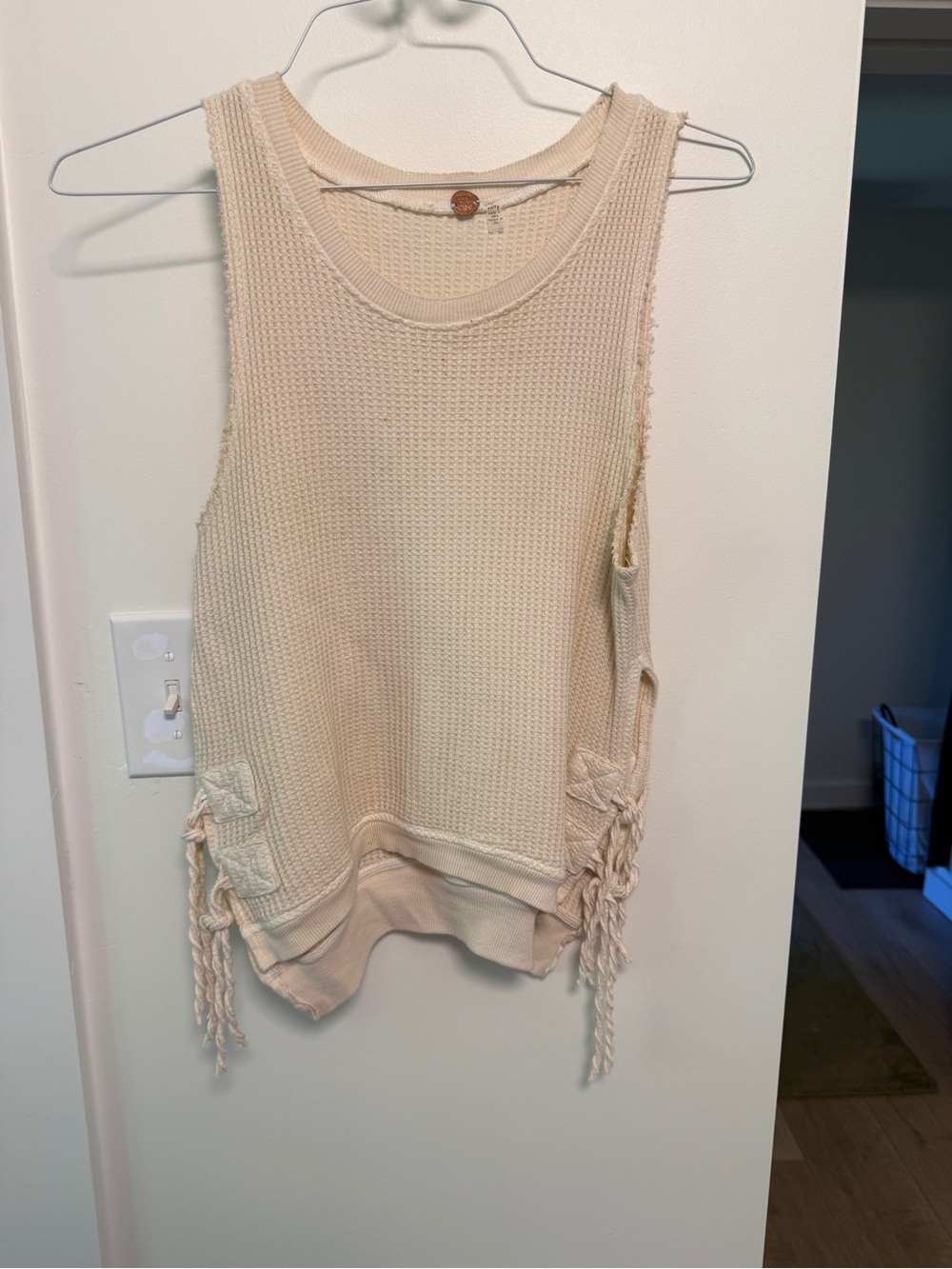 Free People Cream Waffle Knit Tassel Tank
